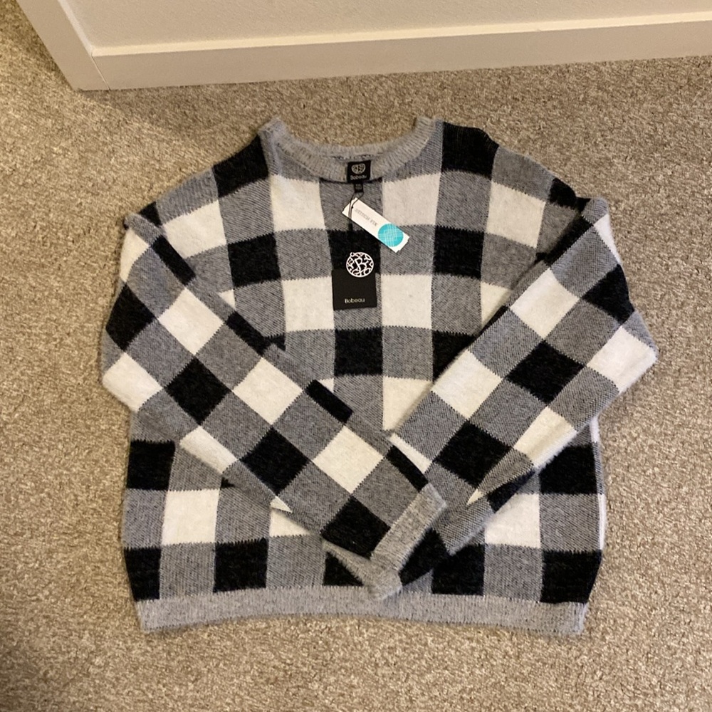 Bobeau Women’s Fuzzy Black, White & Grey Checkered Sweater Size XXL